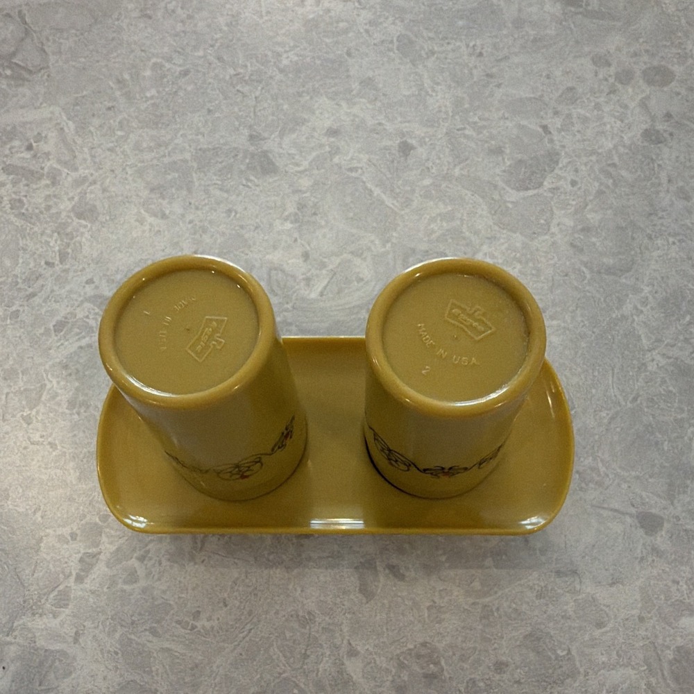 Vintage Fesco Yellow Salt and Pepper Shakers Set with Tray Holder Floral 3pc - Picture 4 of 7